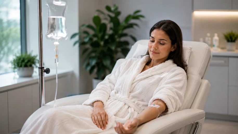 Woman receiving Glutathione IV therapy in a modern clinic