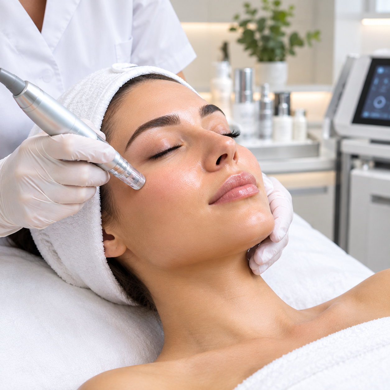 Woman receiving a professional facial rejuvenation treatment with a skincare device in a modern dermatology clinic.