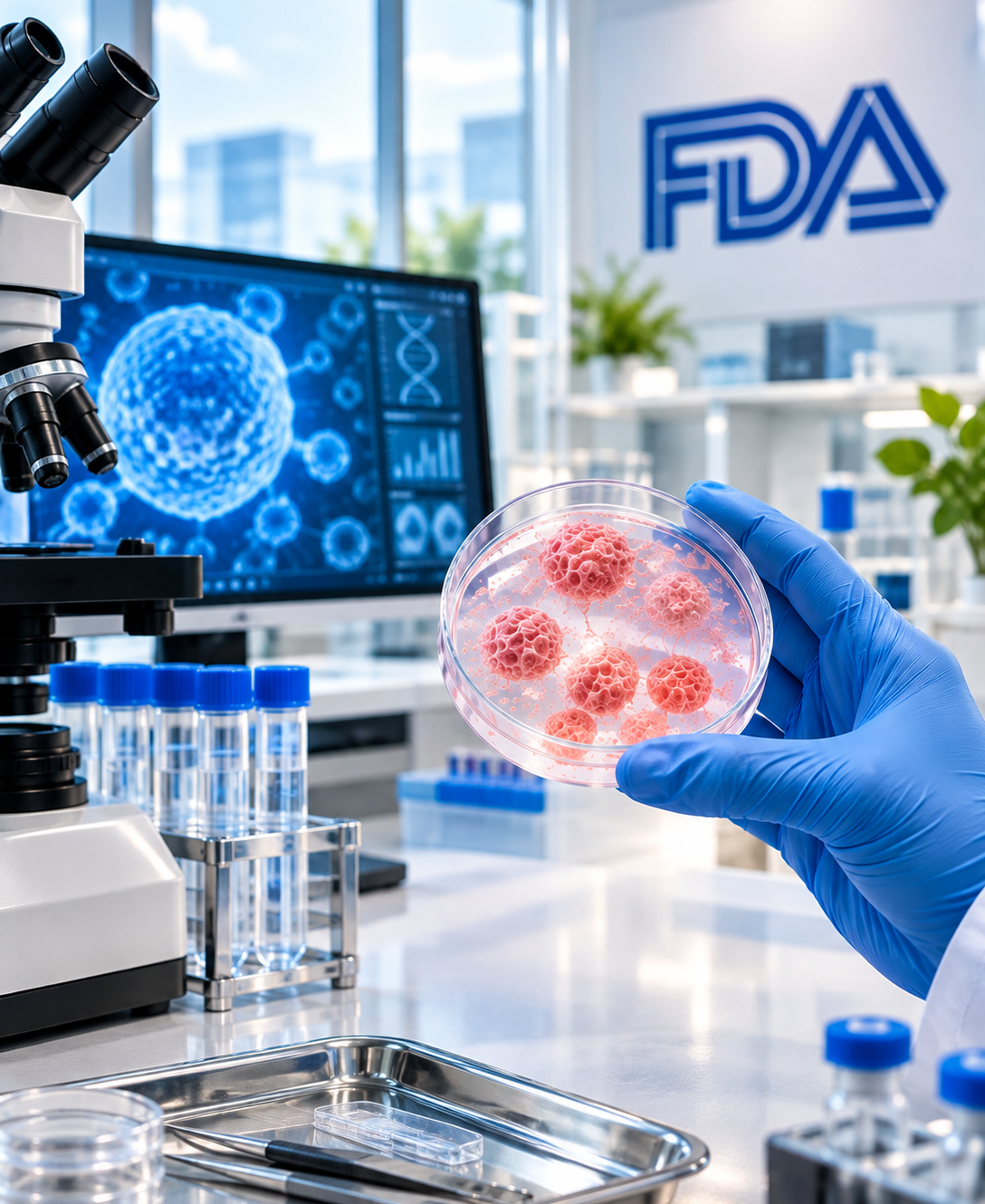 Blue-gloved researcher holding a petri dish with cell samples in a modern regenerative medicine laboratory.
