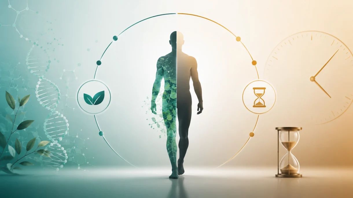 Biological age vs chronological age illustration showing DNA, human body, and hourglass representing the difference between biological and chronological aging