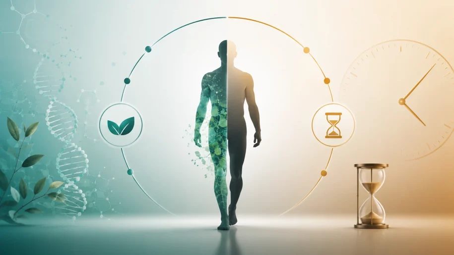 Biological age vs chronological age illustration showing DNA, human body, and hourglass representing the difference between biological and chronological aging
