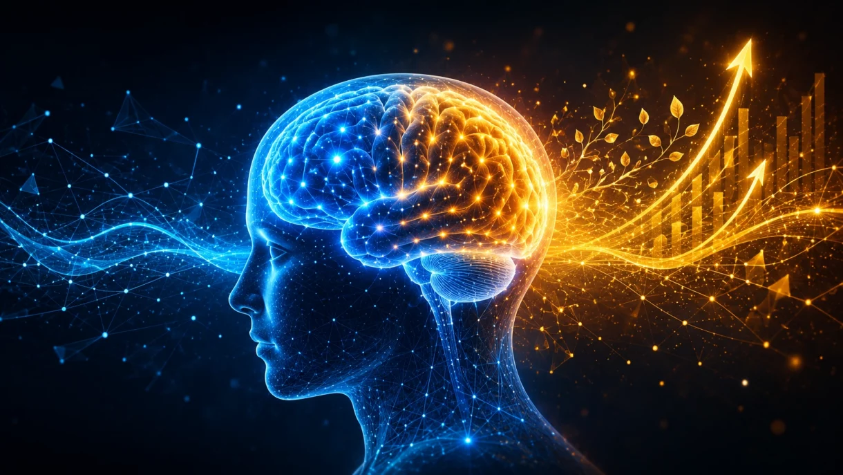 Brain optimization illustration showing neural activity and cognitive growth with glowing blue and golden light patterns