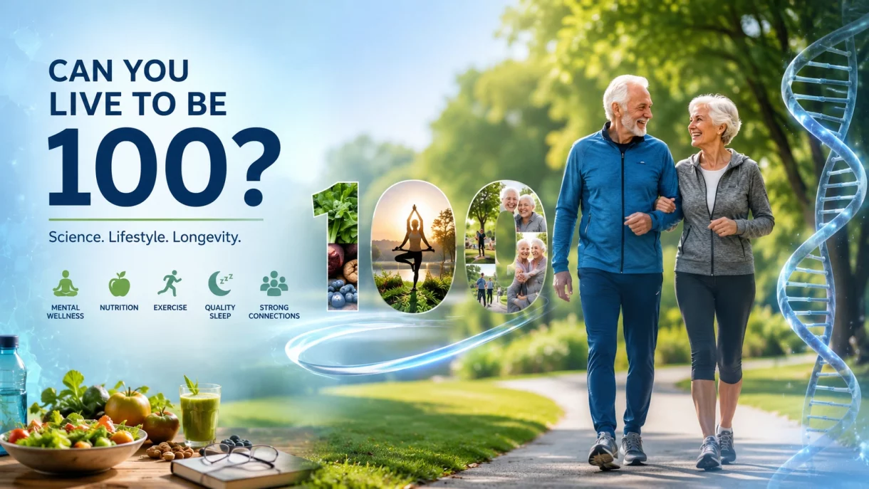 Active senior couple walking outdoors representing longevity and healthy aging, with DNA helix, nutrition, exercise and wellness icons showing science-backed tips to live to 100