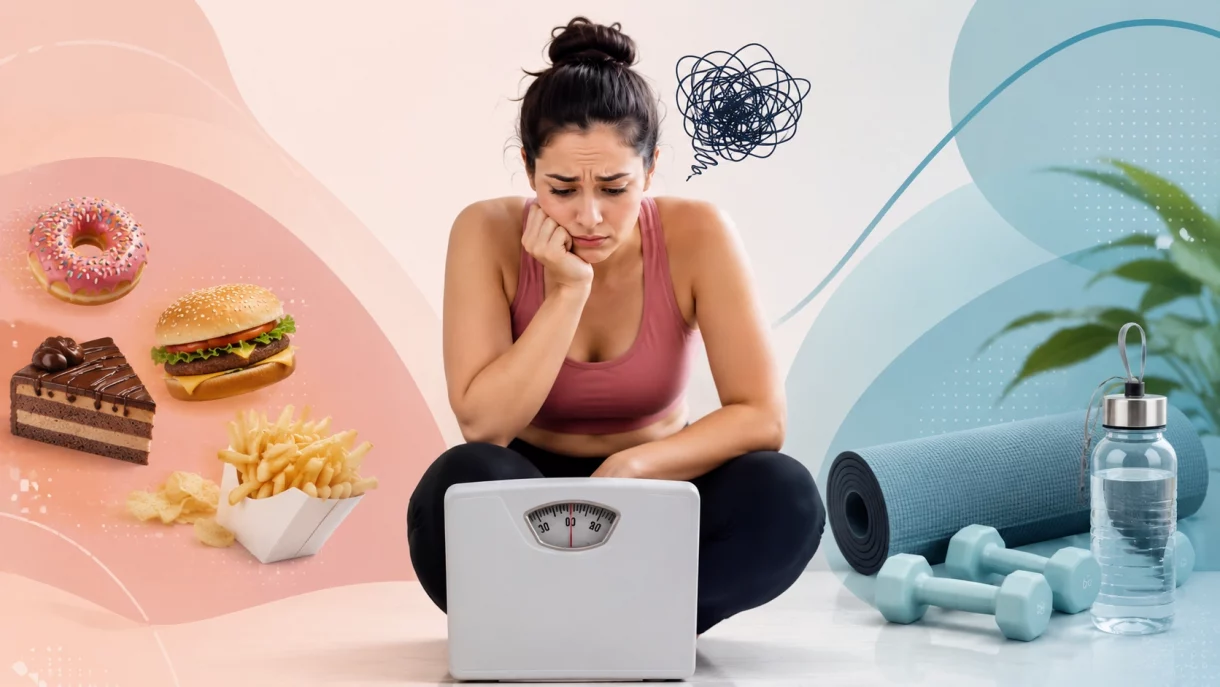 Frustrated woman can't lose weight despite diet and exercise, sitting by a scale surrounded by junk food and fitness equipment