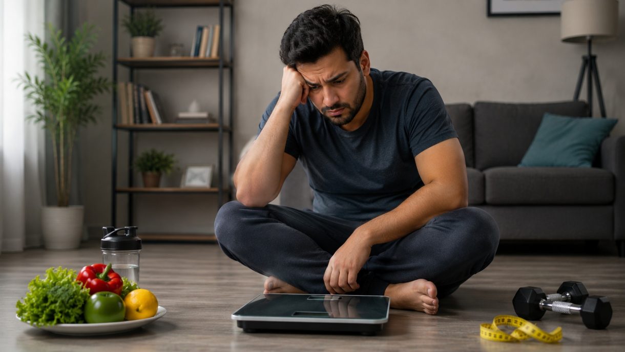Man frustrated sitting next to a scale despite healthy food and exercise - can't lose weight root causes explained by Dr. Habib at Next Health DC MD VA