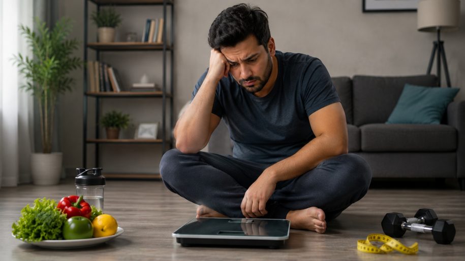 Man frustrated sitting next to a scale despite healthy food and exercise - can't lose weight root causes explained by Dr. Habib at Next Health DC MD VA