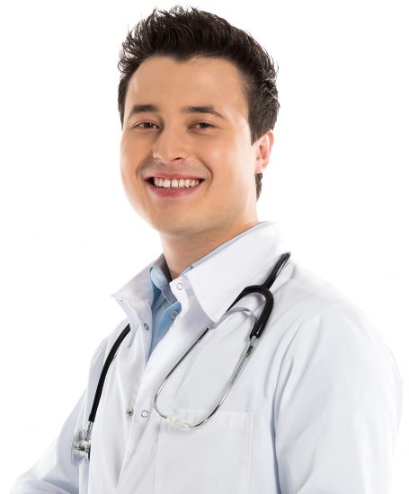 male doctor with stethoscope using digital tablet and looking at camera isolated on white