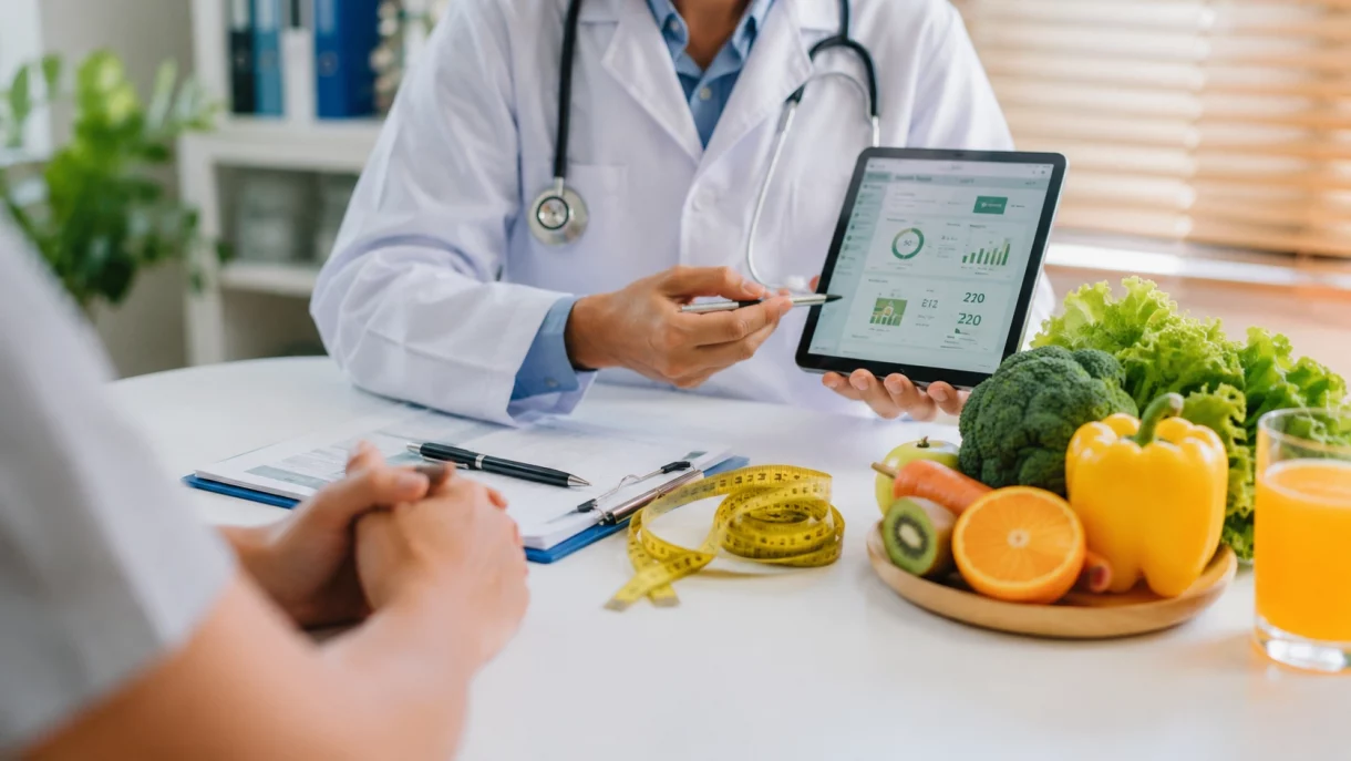 functional medicine doctor reviewing patient health data on tablet during personalized consultation at Next Health in Ashburn VA