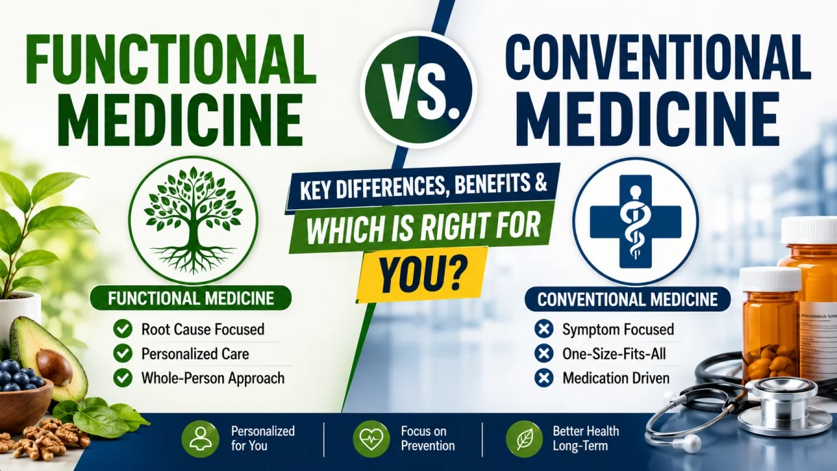 Functional medicine vs conventional medicine comparison infographic showing root-cause focused personalized care versus symptom-focused one-size-fits-all medication driven approach