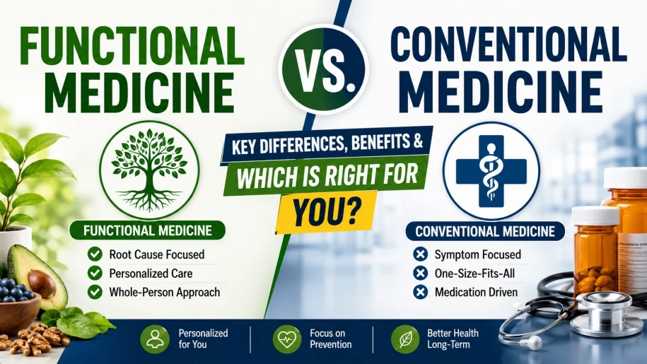 Functional medicine vs conventional medicine comparison infographic showing root-cause focused personalized care versus symptom-focused one-size-fits-all medication driven approach
