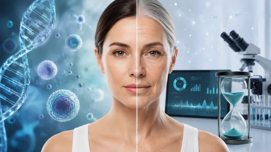 Split-face comparison of young and older woman showing biological age vs chronological age, with DNA helix, cell structures, and diagnostic data charts