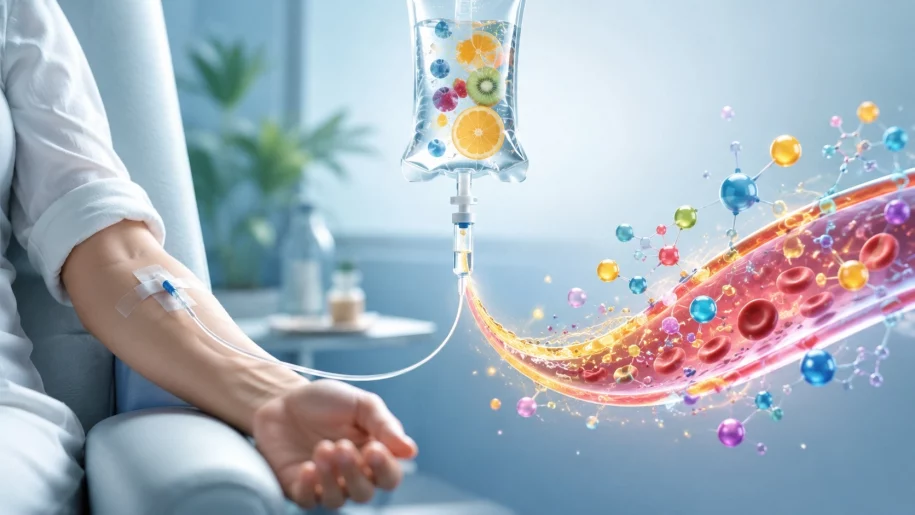 IV vitamin therapy bag with fruit-infused nutrients flowing into bloodstream illustration