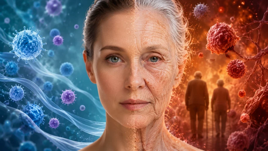 Visual showing the effects of inflammaging — chronic inflammation accelerating biological aging