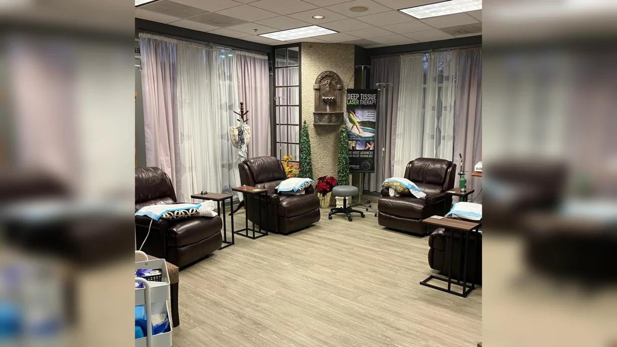 IV vitamin therapy treatment room at Next Health Med clinic in Ashburn VA, featuring comfortable recliner chairs and professional IV infusion setup