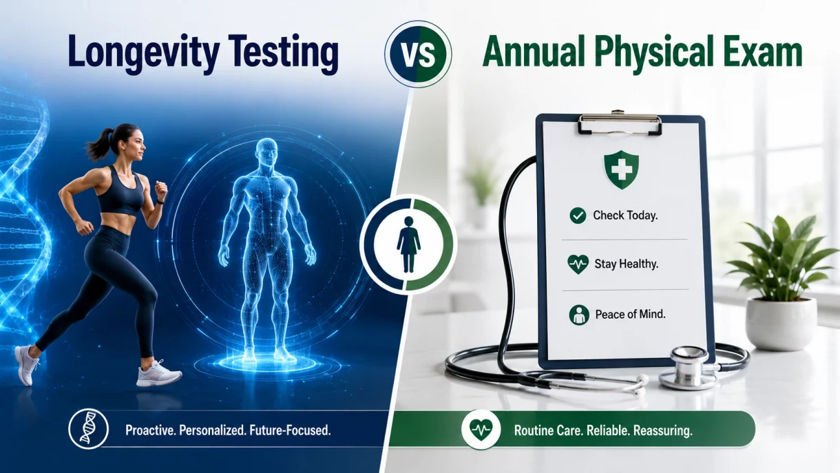 Longevity testing vs annual physical exam comparison showing proactive DNA based health testing next to routine physical checkup