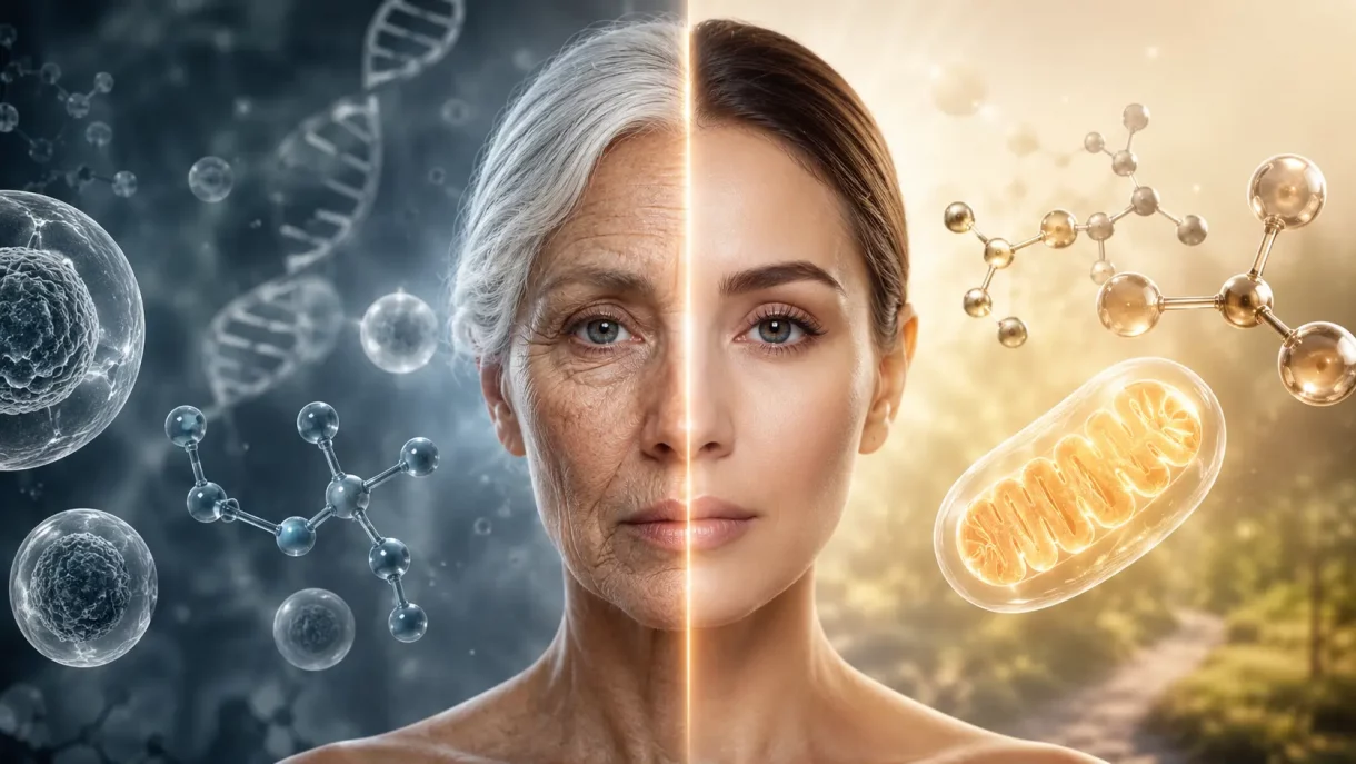 NAD+ and aging biological age vs chronological age showing cellular decline and mitochondria