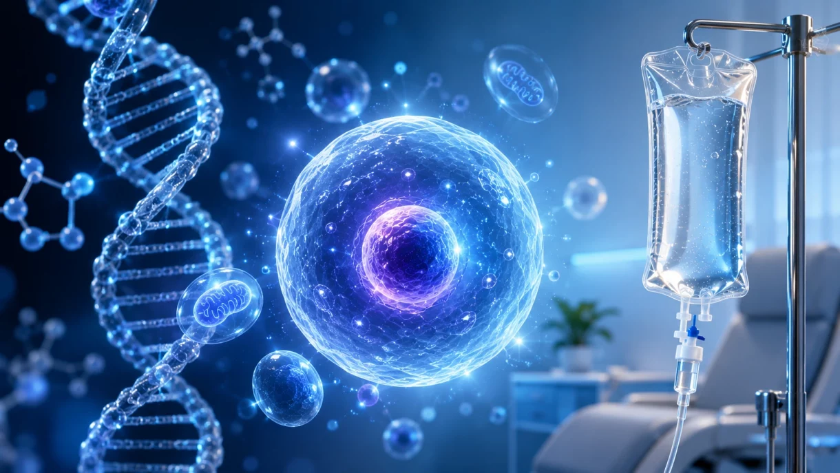 NAD+ IV therapy illustration showing DNA strand and cellular energy with IV drip bag