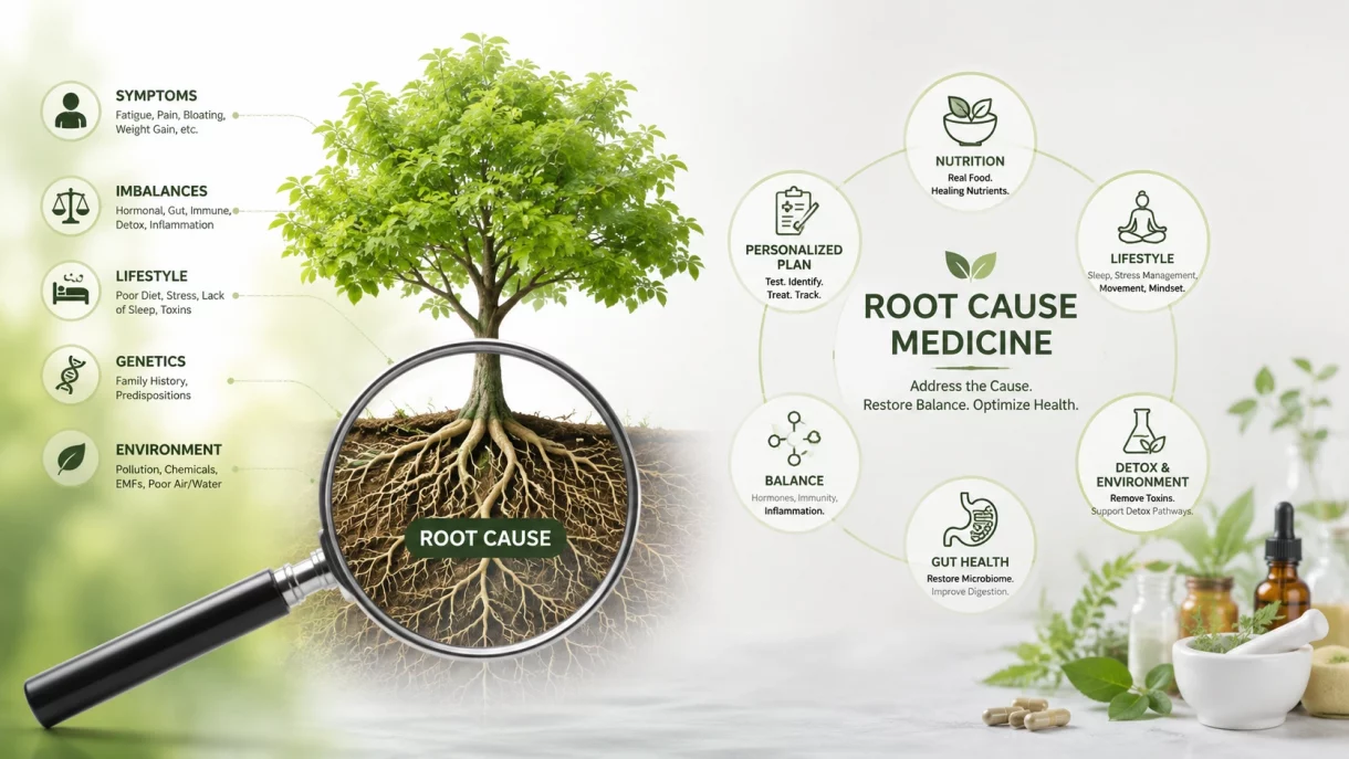 Root cause medicine diagram showing how functional medicine at Next Health addresses symptoms, imbalances, lifestyle, genetics, and environment through nutrition, gut health, detox, and personalized treatment plans
