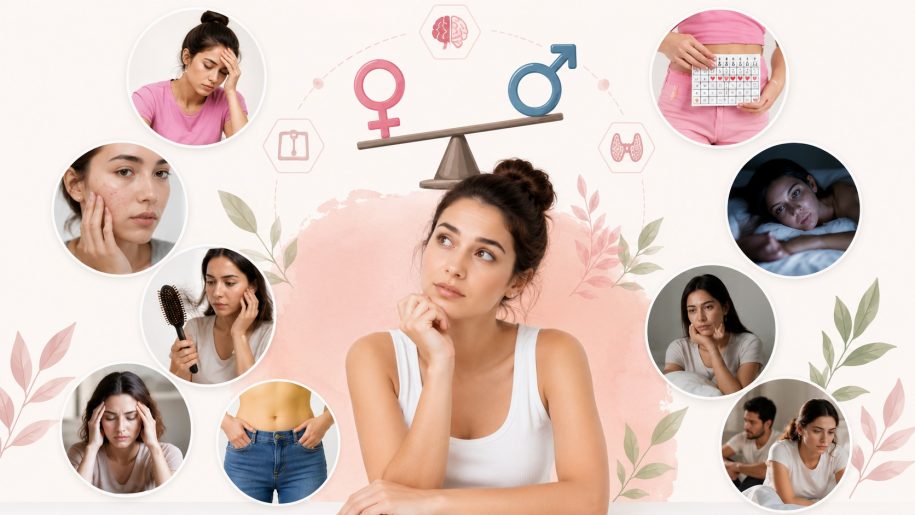 Illustration showing common signs of hormonal imbalance in women and men, including fatigue, mood swings, acne, hair loss, irregular periods, weight gain, and sleep disruption