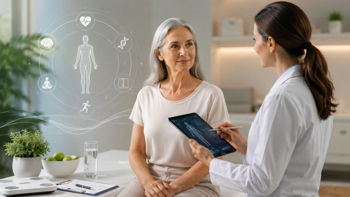 A physician reviewing a longevity assessment with a patient at Next Health clinic in Ashburn VA